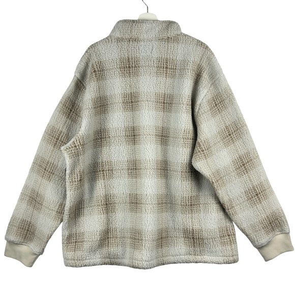 Old Navy Sweatshirt Mens 3XL 1/4 Zip Pullover Beige Sherpa Plaid Fleece - Picture 2 of 16